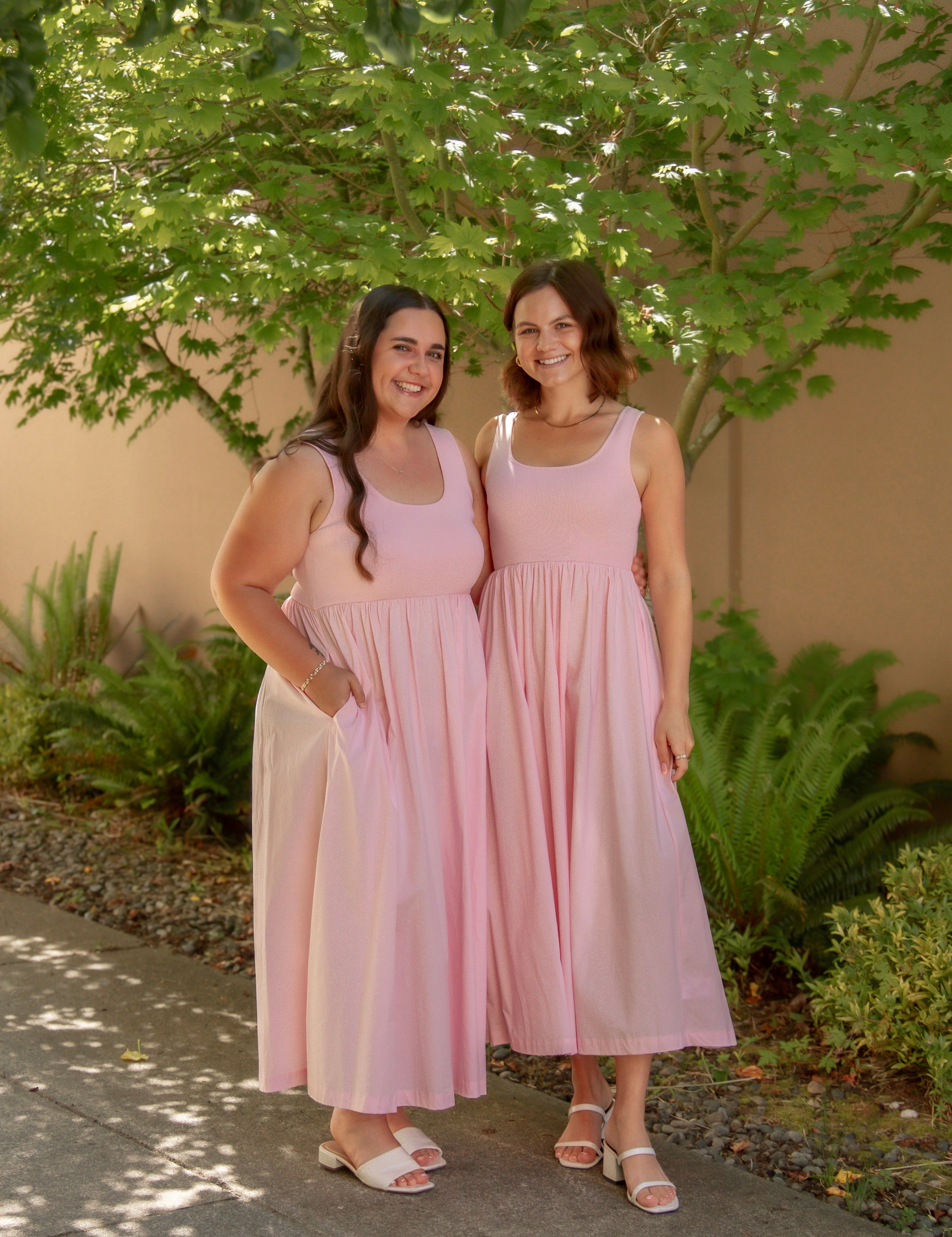pink sundress with stretchy top and pockets