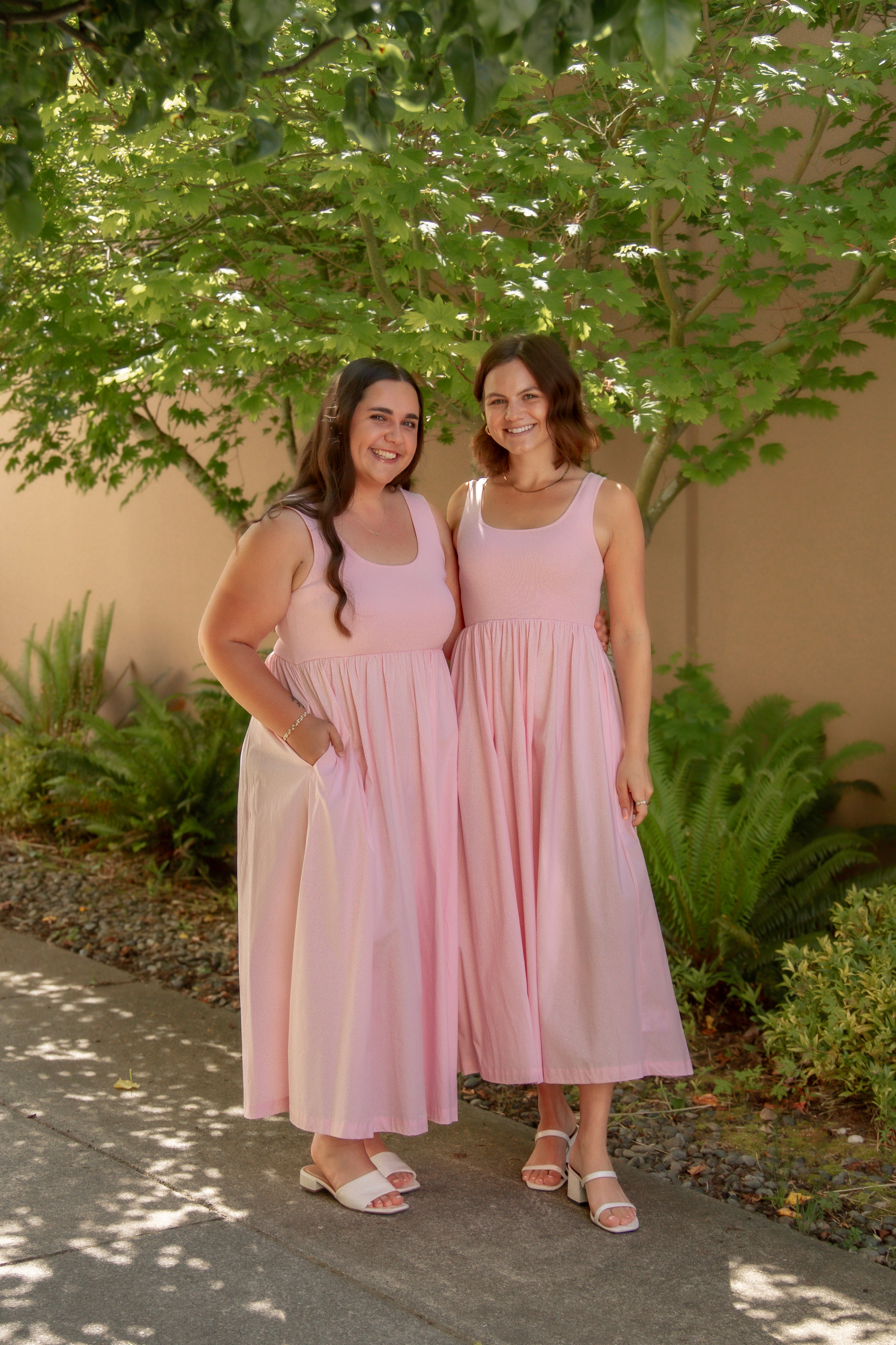 pink sundress with stretchy top and pockets
