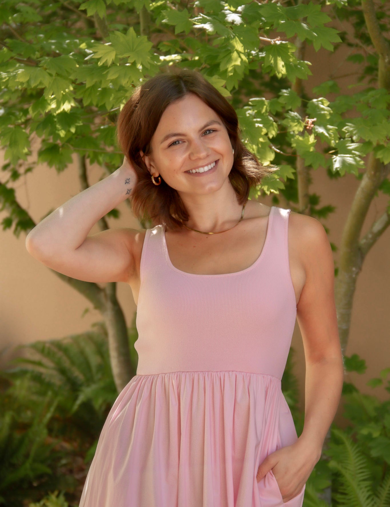 pink square neck tank midi dress