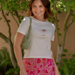 embroidered white tee with a colored spicy margarita and pink floral skirt 