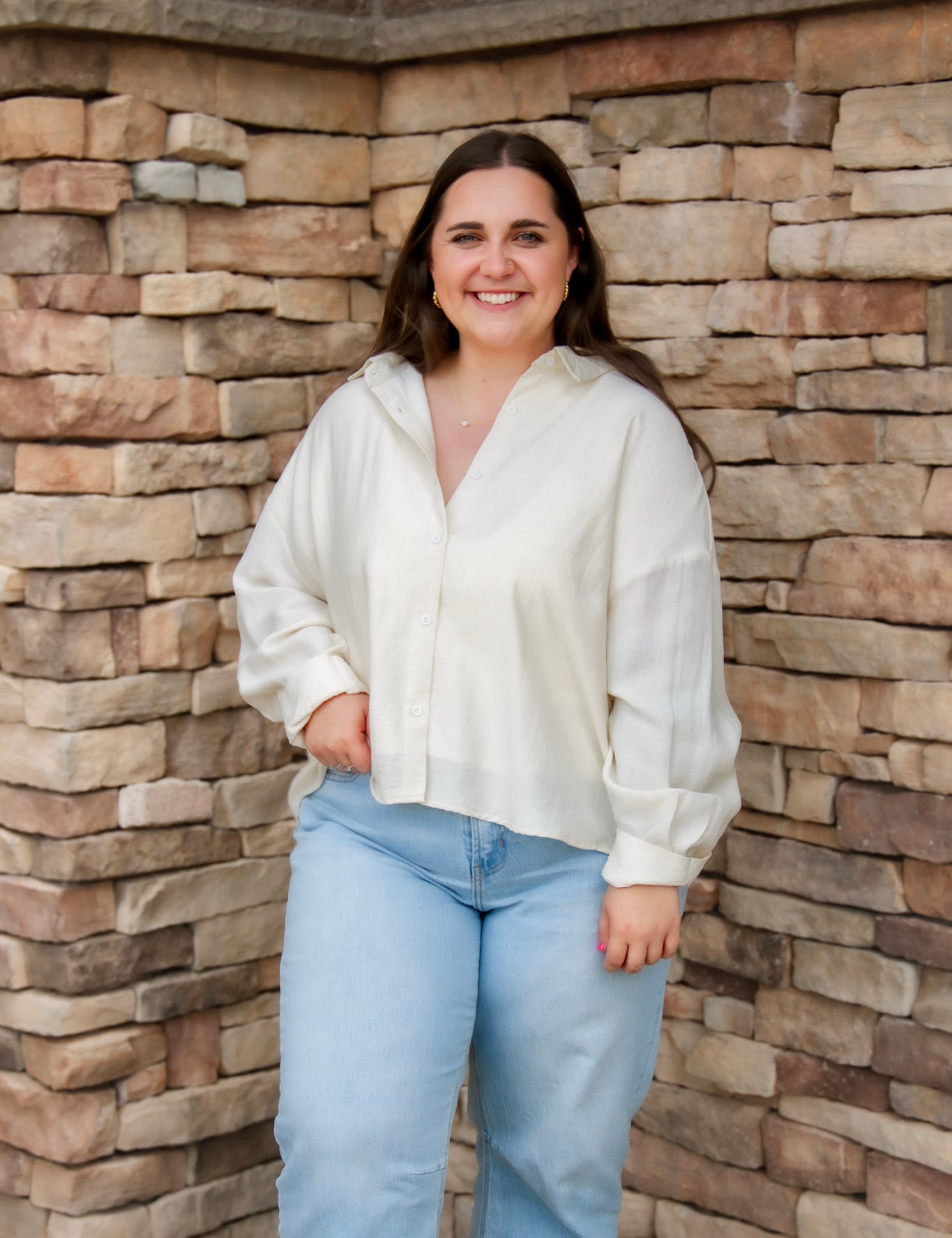tan linen plus size button down semi cropped length with long sleeves and buttons down front