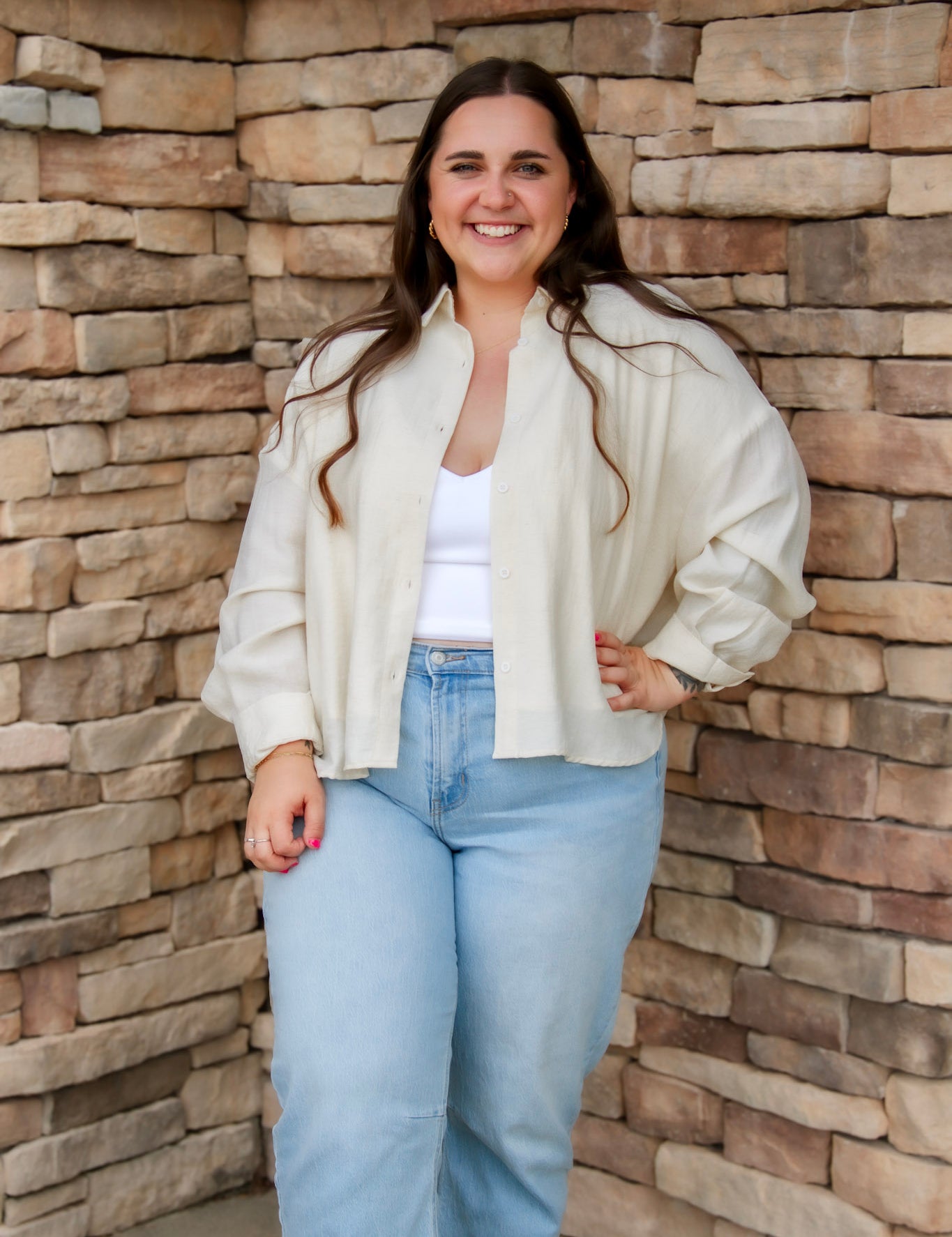 linen button down with long sleeves and white tank underneath