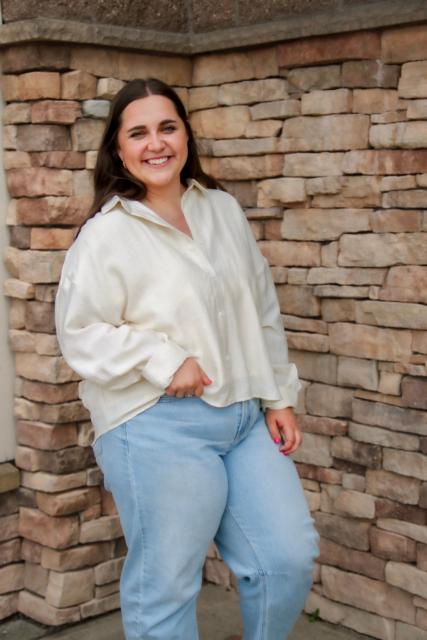 tan linen button down with long sleeves