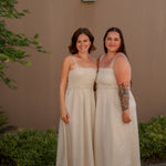 tan linen midi dress with stretchy top and spaghetti straps