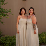tan linen midi dress with stretchy top and spaghetti straps