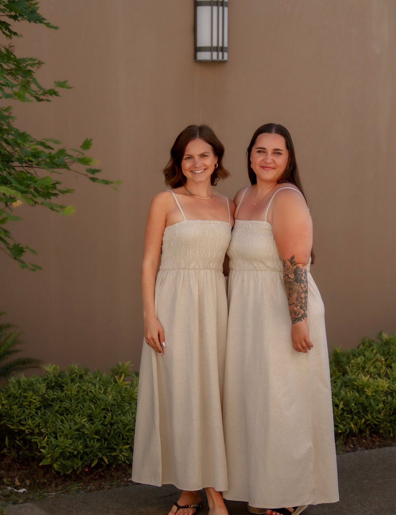 tan linen midi dress with stretchy top and spaghetti straps
