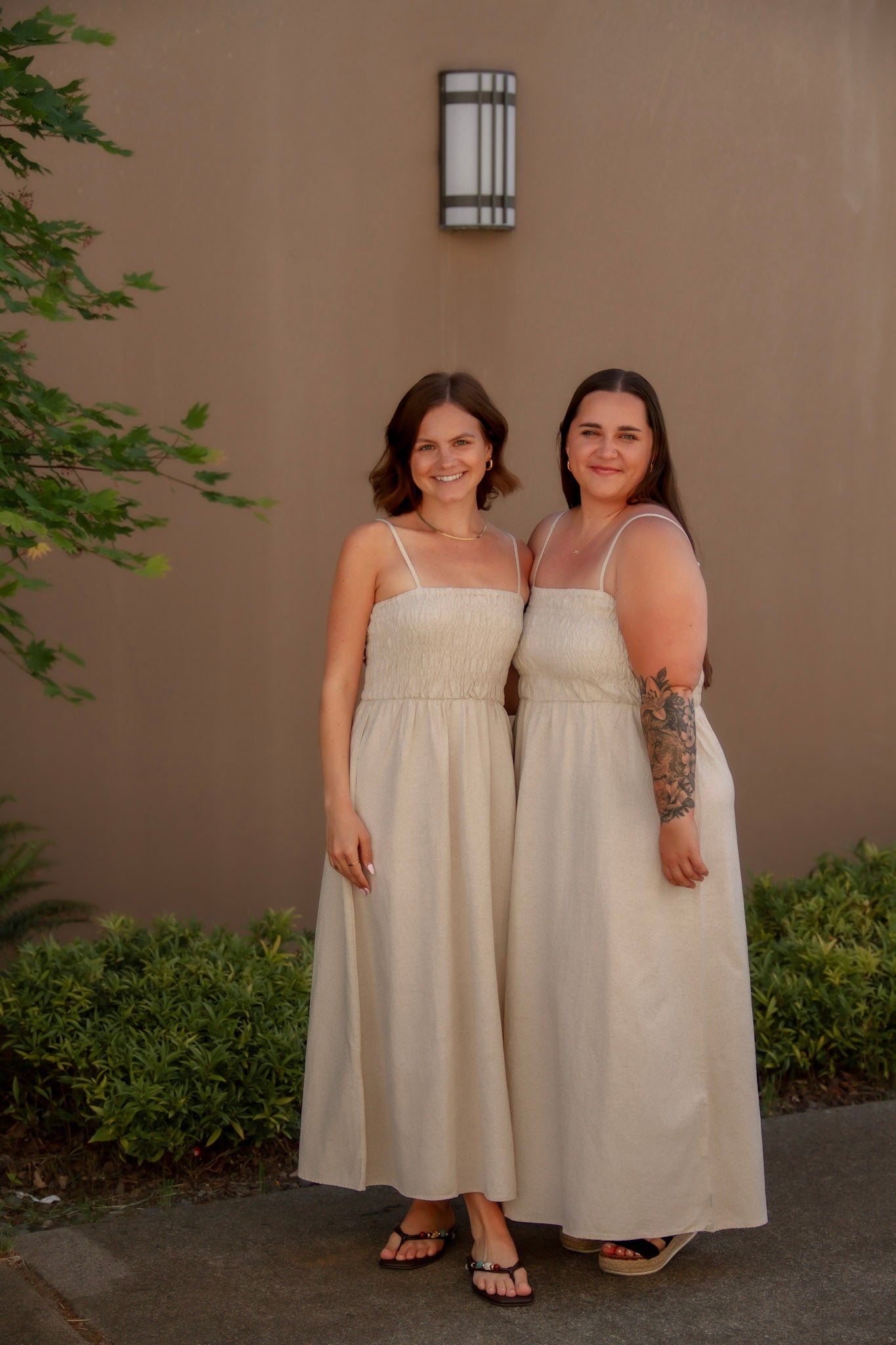 tan linen midi dress with stretchy top and spaghetti straps