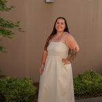 tan linen midi dress with stretchy top and spaghetti straps