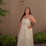 tan linen midi dress with stretchy top and spaghetti straps