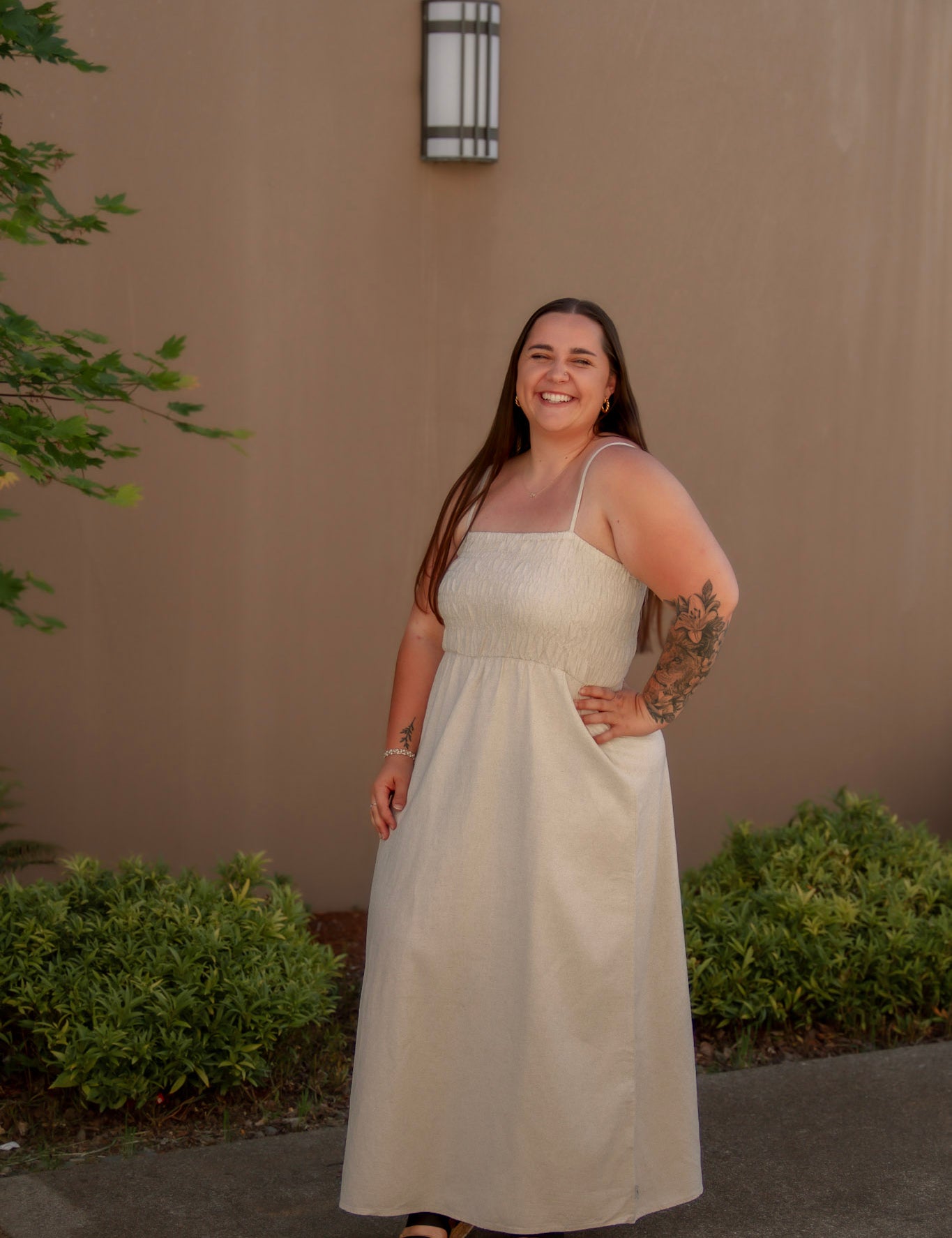 tan linen midi dress with stretchy top and spaghetti straps