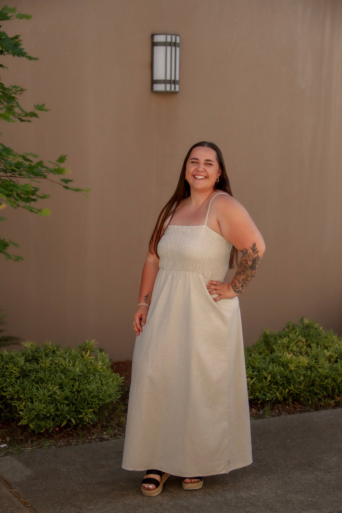 tan linen midi dress with stretchy top and spaghetti straps