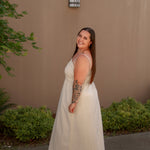tan linen midi dress with stretchy top and spaghetti straps