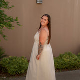 tan linen midi dress with stretchy top and spaghetti straps