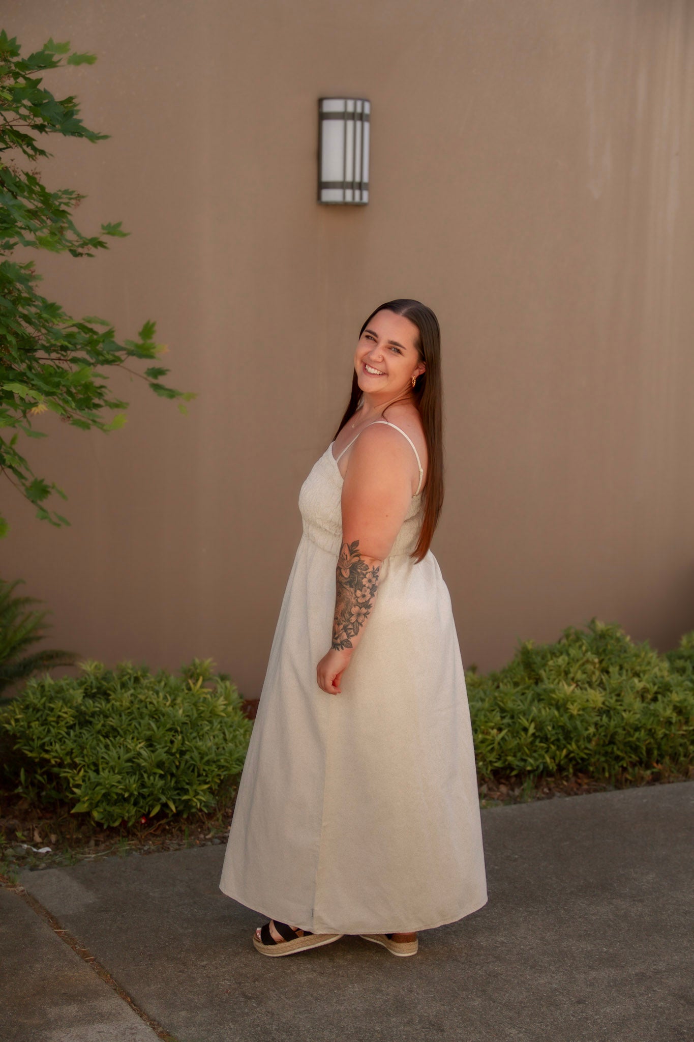 tan linen midi dress with stretchy top and spaghetti straps