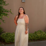 tan linen midi dress with stretchy top and spaghetti straps
