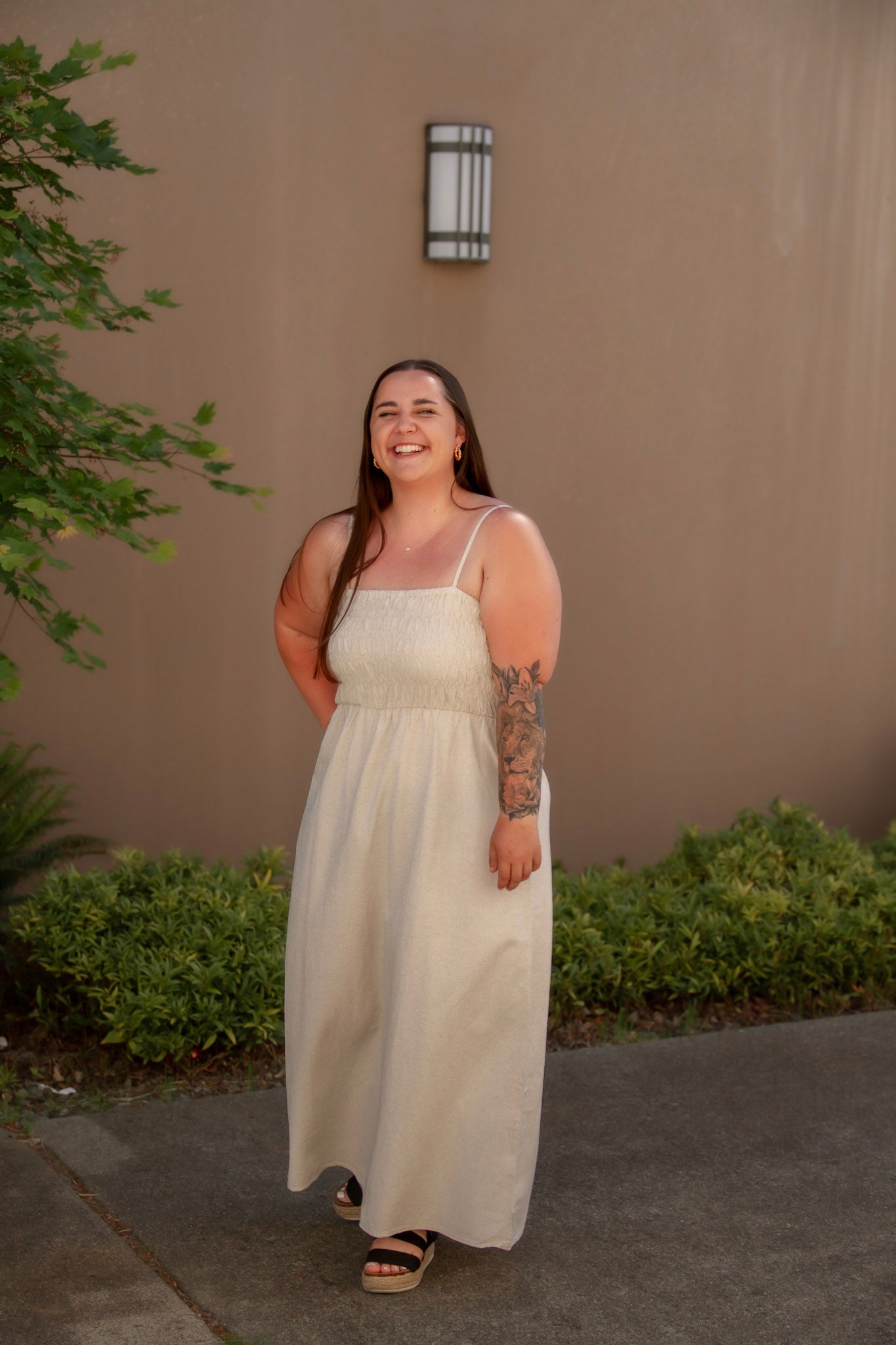 tan linen midi dress with stretchy top and spaghetti straps