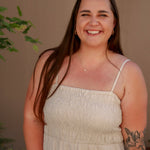 tan linen midi dress with stretchy top and spaghetti straps