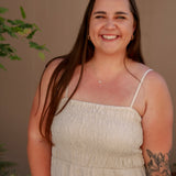 tan linen midi dress with stretchy top and spaghetti straps