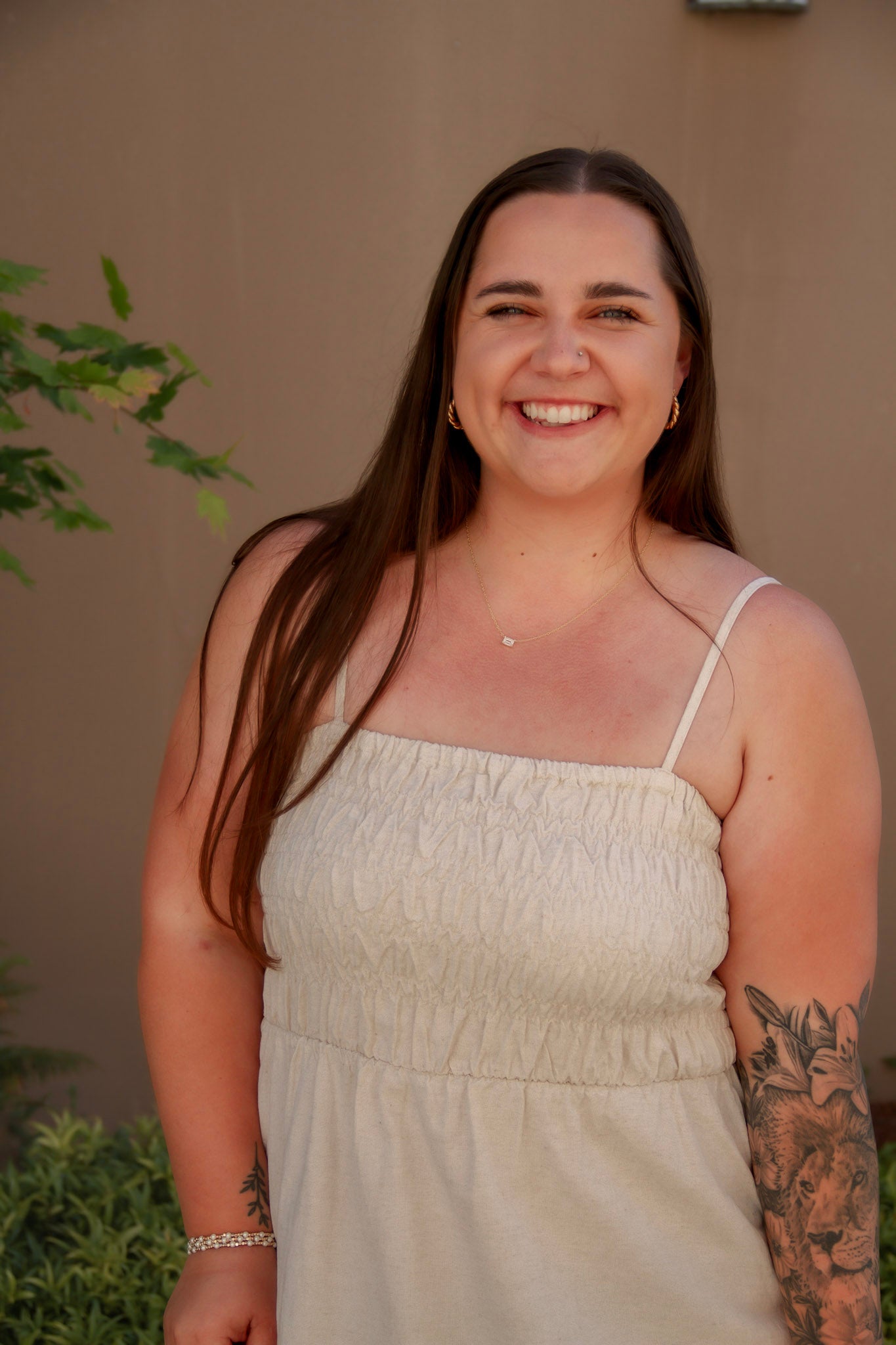 tan linen midi dress with stretchy top and spaghetti straps