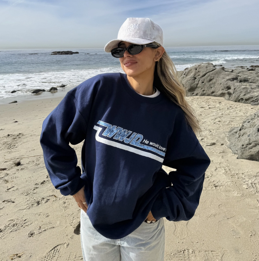 skater style WWJD he would love first navy crewneck sweatshirt 
