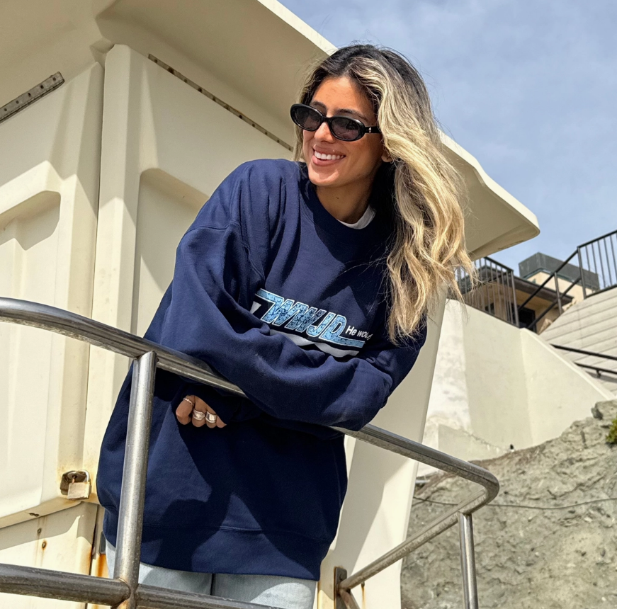 skater style WWJD he would love first navy crewneck sweatshirt 