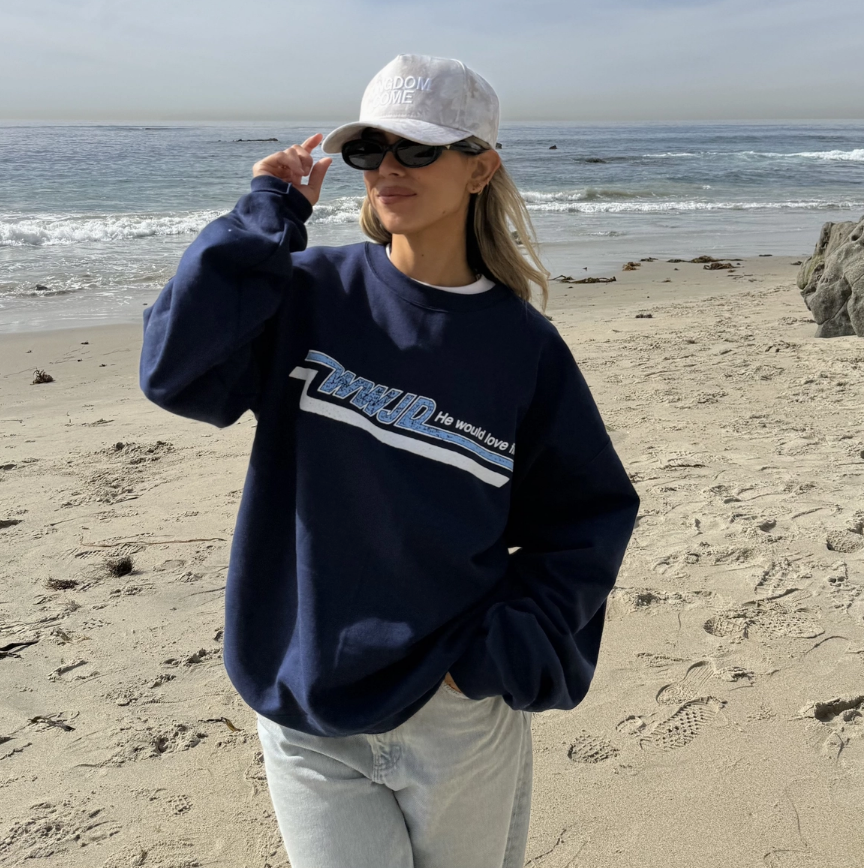 skater style WWJD he would love first navy crewneck sweatshirt 