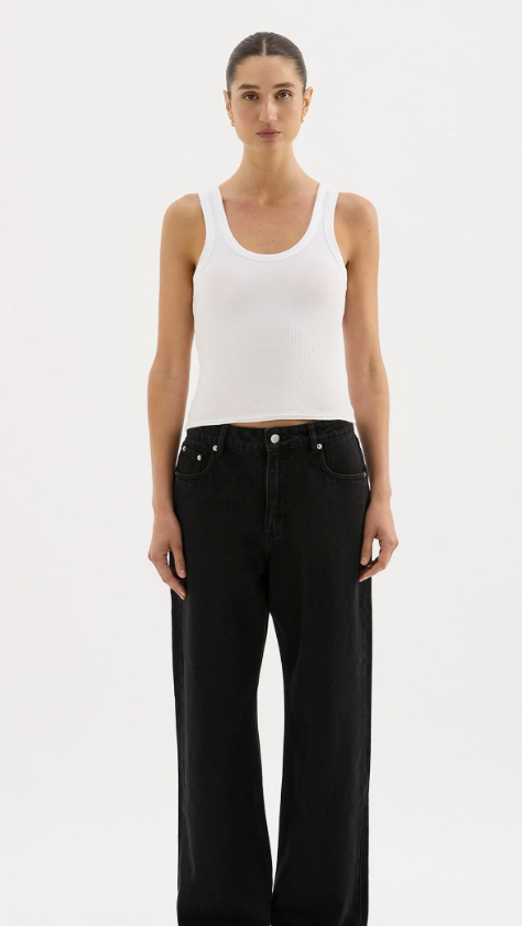 white ribbed thick strap tank top with scoop neck 